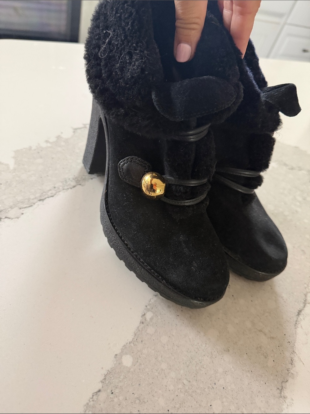 Coach Black Suede Shearling Ankle Boots with Gold Accent
